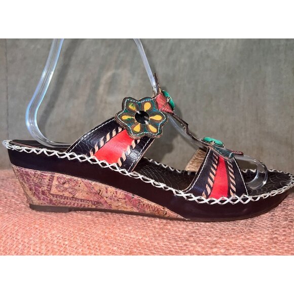 L'Artiste Leather Wedge Sandals Floral w/Beads BLK MLTI Womens Size 38 (US 8) - Picture 7 of 12